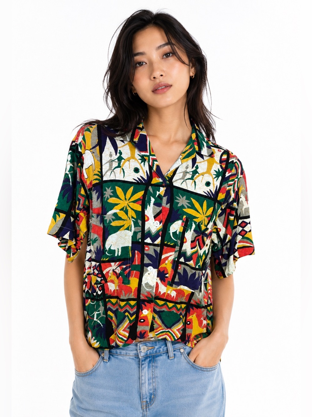 Vintage 80s Forenza Safari Animal Print Button Front Shirt Colorful Jungle